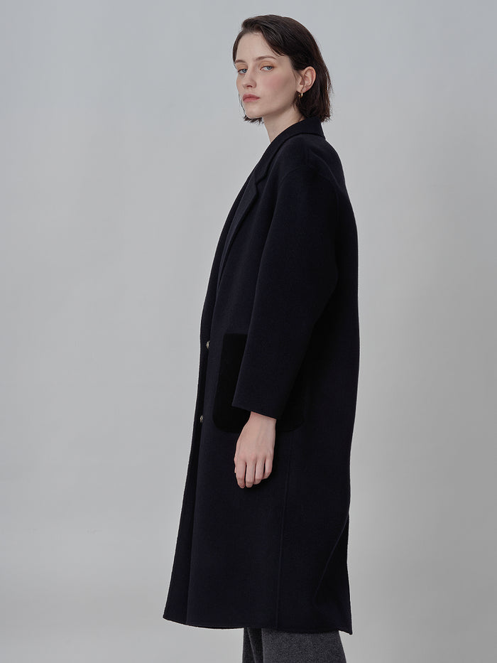 Cashmere Oversized Shearling Pocket Coat_Black
