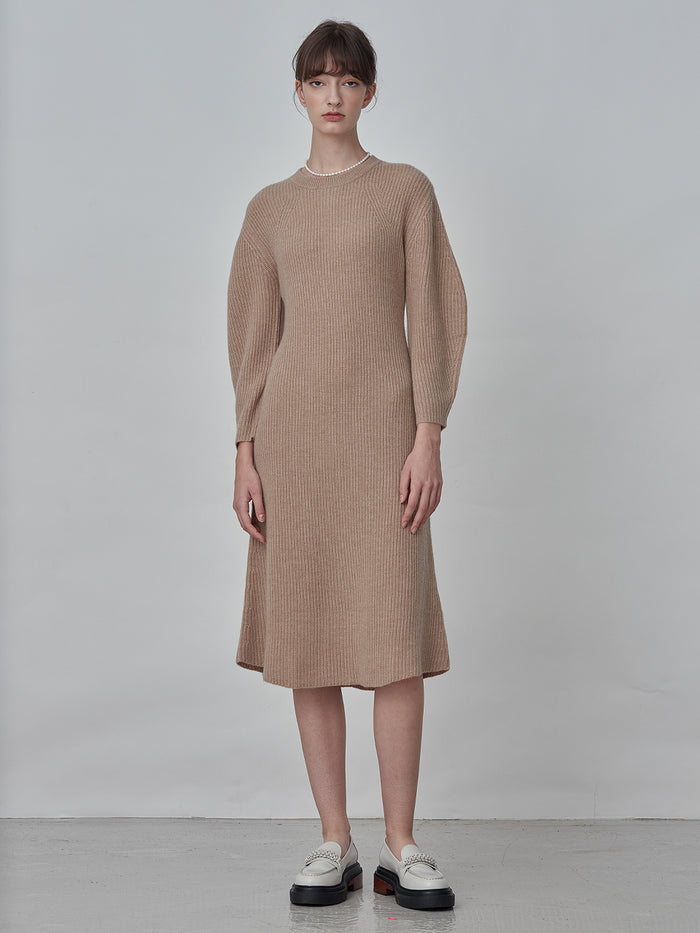 [Cafe Leandra] Volume Sleeve A Line Dress_Camel
