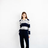 Cashmere Rugby Striped Polo Long Sleeve_Navy/Grey