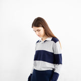 Cashmere Rugby Striped Polo Long Sleeve_Navy/Grey