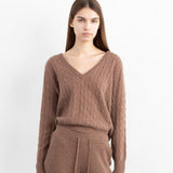 Cashmere Cable V-neck Sweater_Mocha
