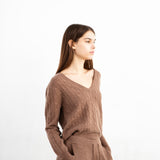 Cashmere Cable V-neck Sweater_Mocha