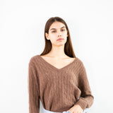 Cashmere Cable V-neck Sweater_Mocha