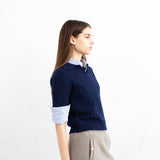 Cashmere Cable Polo Short Sleeve Sweater_Navy