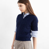 Cashmere Cable Polo Short Sleeve Sweater_Navy