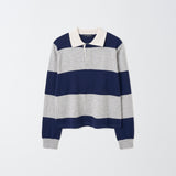 Cashmere Rugby Striped Polo Long Sleeve_Navy/Grey