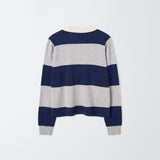Cashmere Rugby Striped Polo Long Sleeve_Navy/Grey