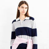 Cashmere Rugby Striped Polo Long Sleeve_Navy/Grey